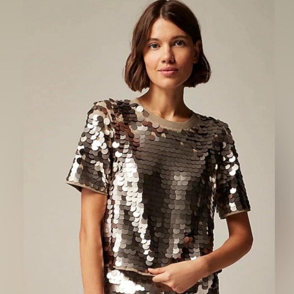 J. Crew Sequin Embellished T-shirt - metallic tans/taupes